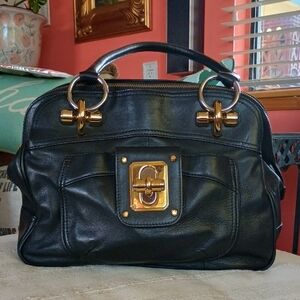 B. Makowsky Black Leather Satchel with Gold Hardware EUC